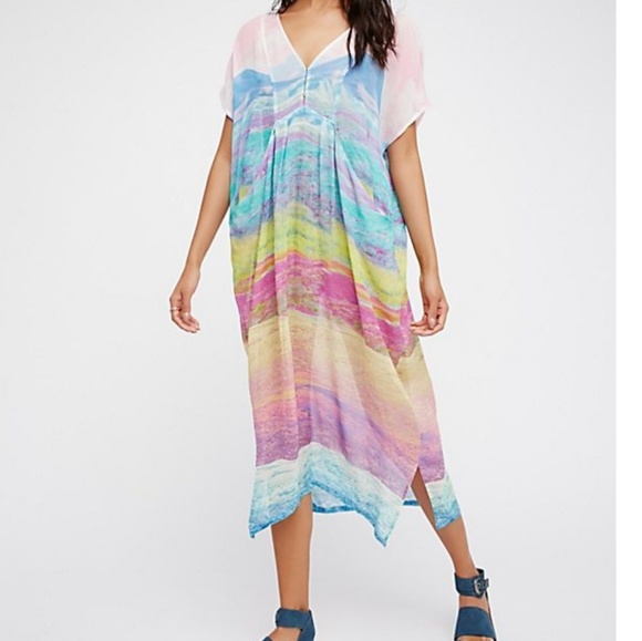 Free People Dresses & Skirts - Cover Up Kaftan Sheer Raonbow Watercolors